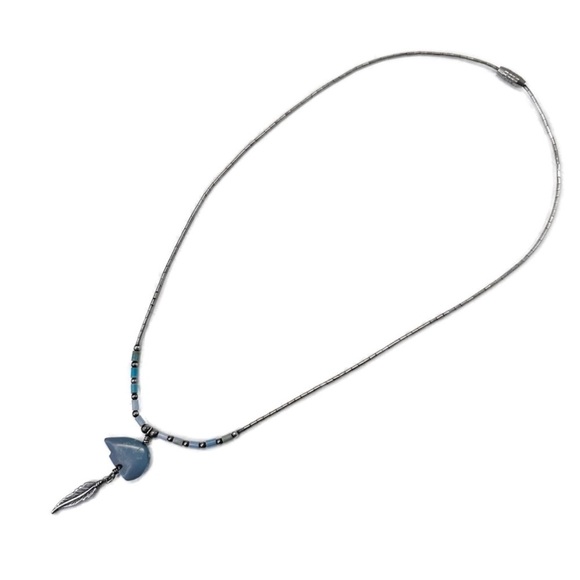 Vintage  Liquid Silver Necklace 16” Turquoise Bear Pendant Feather Sterling 925 - Picture 7 of 7